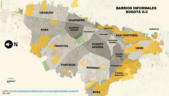 Barrios de origen informal en Bogot&aacute;, 2006.
