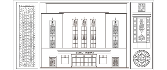 Fachada del teatro Tolima (1940), dise&ntilde;ado por Cu&eacute;llar-Serrano-G&oacute;mez y elementos ornamentales. Dibujo digital: Janeth Restrepo (2010). Fuente: Grupo de investigaci&oacute;n E.ArC
