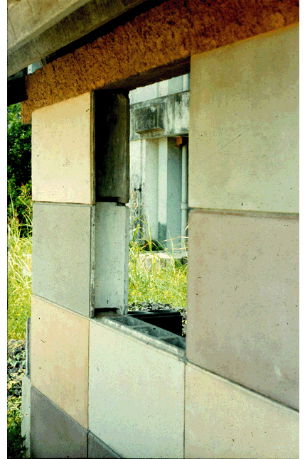 Muro experimental construido en el CECAT por Alfonso y Acevedo con paneles huecos ensamblables de cemento hidr&oacute;fugo y terminaci&oacute;n integral de las caras expuestas