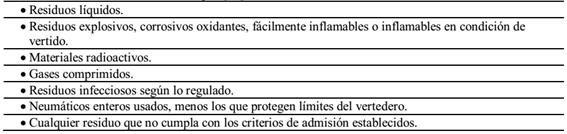 Residuos no admisibles, seg&uacute;n [18]