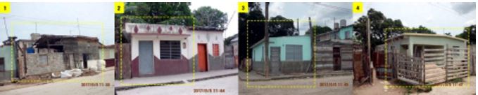 Ejemplos de casos de subsidios en Sagua la Grande, desarrollados a partir de c&eacute;lula b&aacute;sica de 25m&sup2;. 1) vivienda medianera. 2) vivienda esquinera con cubierta ligera. 3) vivienda con medianer&iacute;a en uno de sus laterales. 4) vivienda aislada con cubierta pesada, en este caso la c&eacute;lula b&aacute;sica se desarrolla paralela a la v&iacute;a.
