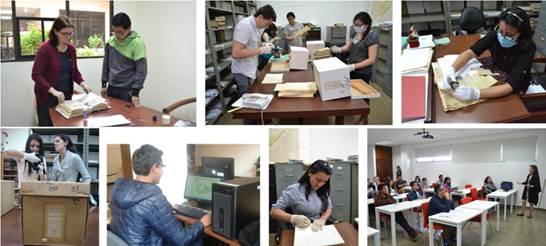 Alumnos de pregrado de Arquitectura y ayudantes de investigación de la FAUC-UCUENCA participando en los talleres de sistematización y digitalización de datos de archivo, dictador por la Dra. Nufrio.