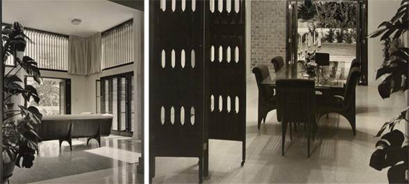 Casa de Higinio Miguel. Ambientes interiores de la sala y el comedor con su mobiliario.