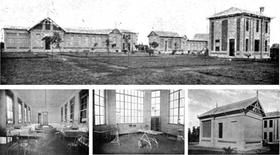 Fotograf&iacute;as de la inauguraci&oacute;n. En 1912 se finaliza la construcci&oacute;n del conjunto de edificios. Arriba: Vista general. Abajo: (Izquierda) Interior de pabell&oacute;n de hombres. (Centro) Interior ex sala de cirug&iacute;a. (Derecha) Exterior ex sala de cirug&iacute;a.