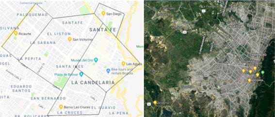 Mapas de Bogot&aacute;. Izquierda: &aacute;reas de cobertura de cada rutero. Derecha puntos de los ruteros, y a 36 km al sur de Bogot&aacute; la planta hidroel&eacute;ctrica El Charquito.