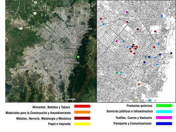 (Izquierda) Mapa actual de Bogot&aacute;, que indica el &aacute;rea donde se encontraron los bienes del patrimonio industrial incluidos en los ruteros. Derecha: plano de la zona de estudio con la localizaci&oacute;n de los bienes incluidos en la base de datos.