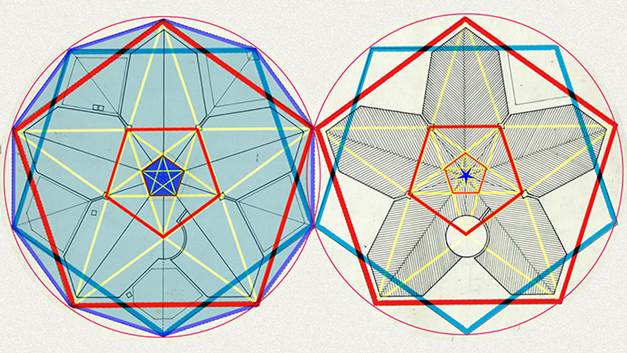 El dispositivo geométrico basado en el pentagrama es omnipresente. La linterna pentagonal se orienta en el mismo sentido del espacio principal y al revés de la estrella de madera del piso (en azul). 