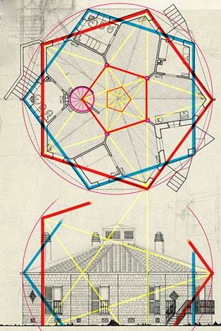 La posición de las columnas se conforma con exactitud a la regla del pentágono. El espacio central de la casa es en perfecta proporción armónica. (Imagen digital de documento de archivo elaborada gráficamente por el autor)