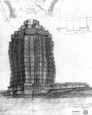 Proyecto no realizado para el Motel Agip, 1967-69, a Settebagni cerca de la autopista que lleva a Roma.