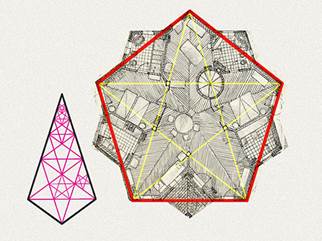 Pentagrama sobre la planta final de Casa Lina. Esquema de reiteración de las proporciones áureas. 