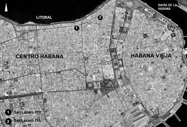 Ubicaci&oacute;n de los inmuebles San L&aacute;zaro 115 y 319 en el municipio Centro Habana. 
