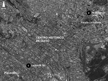 Ubicaci&oacute;n de los inmuebles La Ronda 762 y 10 de agosto N 14-42 en la ciudad de Quito. 