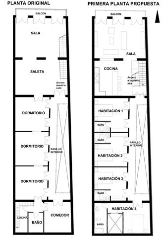 Planta original y primera planta propuesta del inmueble San L&aacute;zaro 115. 