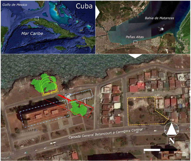 Localización de la batería de Peñas Altas en el litoral sur de la bahía de Matanzas, Cuba. La extensión y disposición de la batería entre 1821 y 1876 se encuentra coloreada en amarillo. La cantera más próxima a la batería, posiblemente asociada con su construcción, aparece marcada con línea discontinua en color amarillo. La extensión de la batería instalada después de 1876 aparece sobreimpuesta en color rojo. Además, están marcados las estructuras (línea discontinua en azul claro) y la vegetación (en color verde) que afectan la conservación del registro arqueológico. Fuente: elaboración propia a partir de imágenes satelitales de Google Earth.