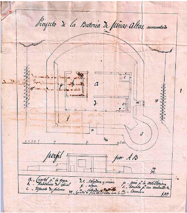 Plano del proyecto de la batería de Peñas Altas, que había de construirse en el puerto de Matanzas (CUB-27-05), realizado por Francisco P. Plazaola (1819). Este plano contiene el título adicional de Proyecto de la batería de Peñas Altas, aumentado, y también representa uno de los primeros planos del período de planeamiento y construcción de la batería. Fuente: AHMM.