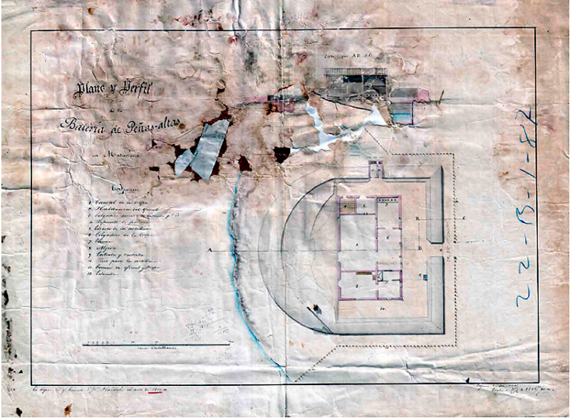 Plano y perfil de la batería de Peñas Altas en Matanzas (CUB-91-10), realizado por Eugenio Campos de Letemendi, entre 1841 y 1860. Este plano, aunque es una copia de una planta de Plazaola, marca el comienzo de la etapa de remodelación. Fuente: AHMM.