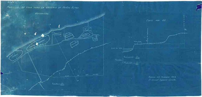 Plano y perfil del proyecto de zona para la batería de Peñas Altas (CUB-27-07), realizado en La Habana, por Enrique Amado Salazar, el 22 de febrero de 1886. Este plano indica las canteras adyacentes a la batería, de donde posiblemente se extrajo material para su construcción, remodelación y aumento en el siglo XIX. Fuente: AHMM.