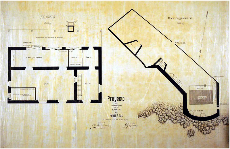 Plano del proyecto de reparaciones en el Castillo de Peñas Altas, Matanzas, realizado por Alberto de Castro e Hilario Gil el 5 de julio de 1907. Fuente: Archivo Nacional de Cuba, sección Mapas y Planos, número 16.528.