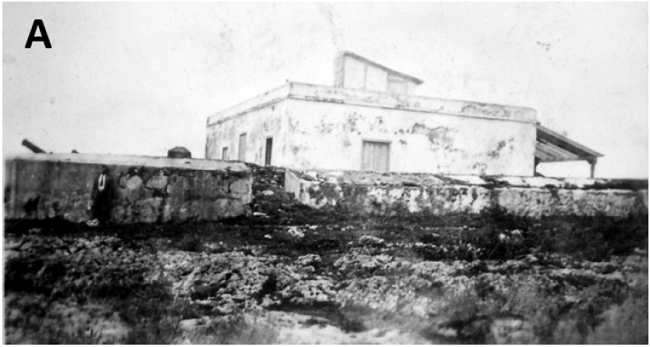 Fotografías históricas de la batería de Peñas Altas. A) Fotografía de un lateral mirando al oeste, tomada circa 1905. B) Fotografía del archivo del EMPAI, tomada después de su demolición en 1962. C) Fotografía publicada en el Annual Report of the Secretary of War en 1901; de la colección Manuel R. Bustamante (Photograph Collection CHC5017). “Bateria de Peñas Altas, east side of Matanzas harbor”. Fuentes: A. Pérez Orozco et al. (2017), B. Archivo EMPAI, C. University of Miami. Library. Cuban Heritage Collection (circa 1910).