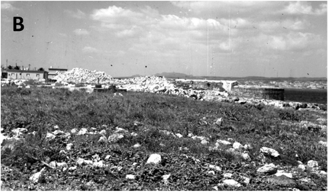 Fotografías históricas de la batería de Peñas Altas. A) Fotografía de un lateral mirando al oeste, tomada circa 1905. B) Fotografía del archivo del EMPAI, tomada después de su demolición en 1962. C) Fotografía publicada en el Annual Report of the Secretary of War en 1901; de la colección Manuel R. Bustamante (Photograph Collection CHC5017). “Bateria de Peñas Altas, east side of Matanzas harbor”. Fuentes: A. Pérez Orozco et al. (2017), B. Archivo EMPAI, C. University of Miami. Library. Cuban Heritage Collection (circa 1910).