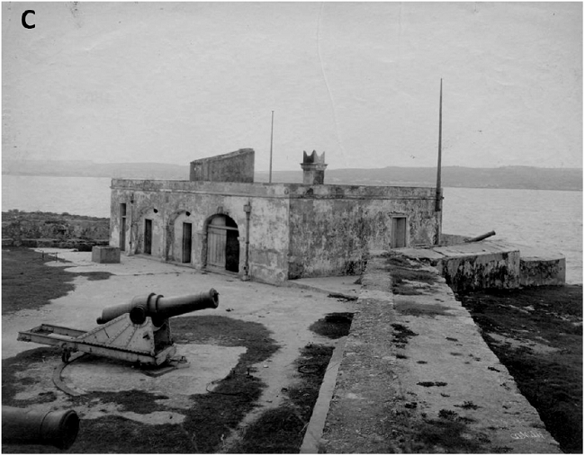 Fotografías históricas de la batería de Peñas Altas. A) Fotografía de un lateral mirando al oeste, tomada circa 1905. B) Fotografía del archivo del EMPAI, tomada después de su demolición en 1962. C) Fotografía publicada en el Annual Report of the Secretary of War en 1901; de la colección Manuel R. Bustamante (Photograph Collection CHC5017). “Bateria de Peñas Altas, east side of Matanzas harbor”. Fuentes: A. Pérez Orozco et al. (2017), B. Archivo EMPAI, C. University of Miami. Library. Cuban Heritage Collection (circa 1910).