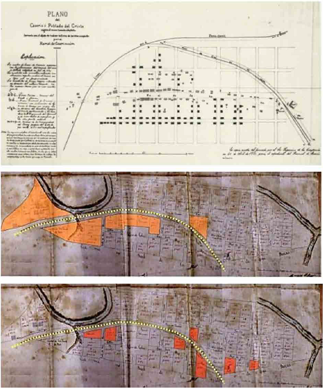 Esquemas que evidencian la organizaci&oacute;n del tejido urbano. Fuente: Elaborado por los autores, (2016) a partir de planos del AHPSC, legajos del 605 al 631, Materia Ferrocarriles, Fondo Gobierno Provincial, a&ntilde;os 1879, 1880 y 1884. 
