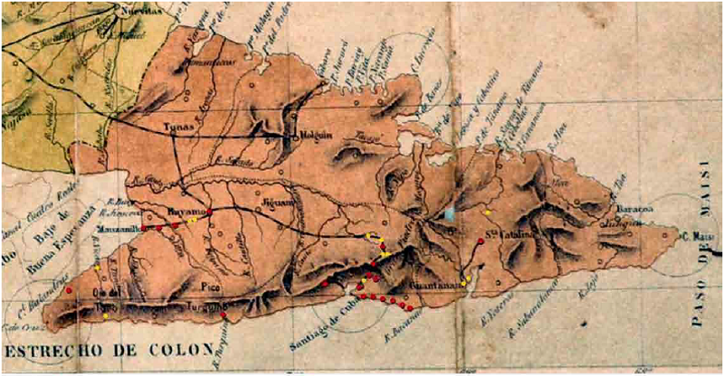 Mapa que refleja el inventario general de los asentamientos vinculados a la introducci&oacute;n del ferrocarril en el suroriente de Cuba. Plano del Archivo Nacional de Cuba. Cortes&iacute;a de la Dra.C. Mar&iacute;a Elena Orozco Melgar, Departamento de Historia del Arte, Facultad de Humanidades, Universidad de Oriente, mayo de 2016.