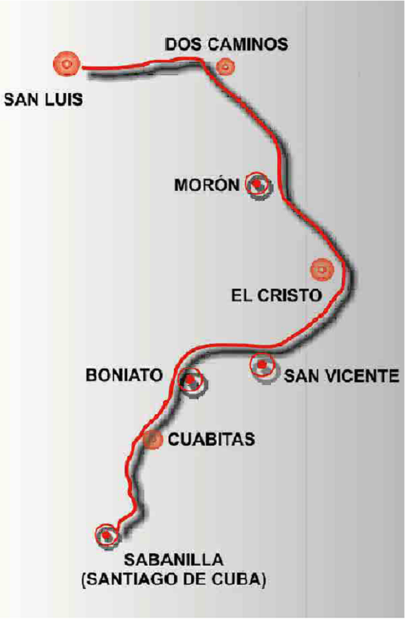 Esquema del recorrido del ferrocarril de Sabanilla a Maroto. Fuente: elaborado por los autores (2016) a partir del Plano general del Ferrocarril de Sabanilla a Maroto. Tomado de: Jorge Aldana Mart&iacute;nez: Az&uacute;car, miner&iacute;a: los primeros ferrocarriles en Cuba (1837-1937), Editorial Oriente, Santiago de Cuba, 1979. 
