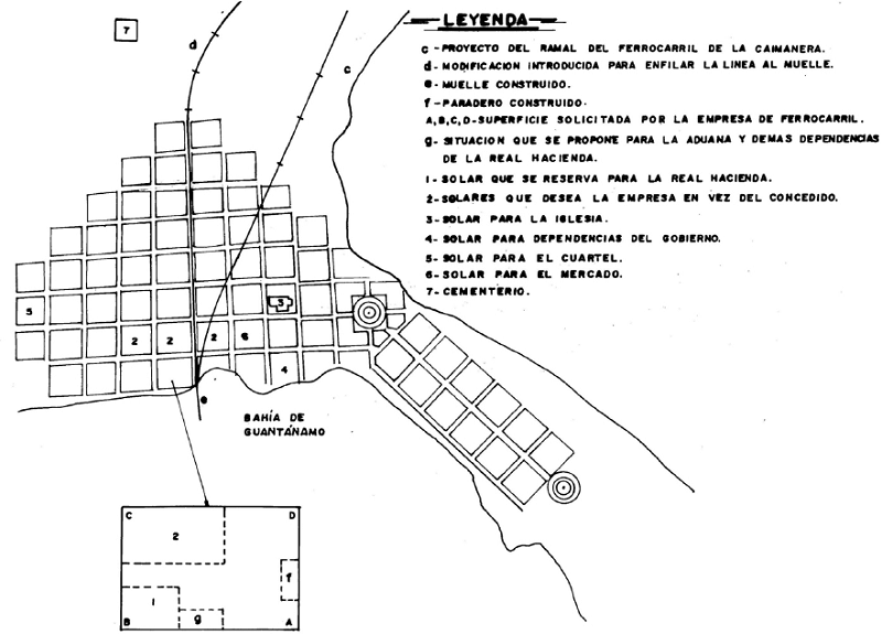 Plano para el asentamiento Caimanera, Guant&aacute;namo, proyectado por el Ingeniero Ignacio Halc&oacute;n, 1858. Fuente: ANC, cortes&iacute;a del MsC. Ladislao Guerra Valiente, Guant&aacute;namo, febrero de 2016.