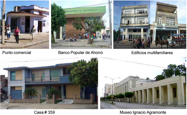 Ejemplos de arquitectura moderna en la Avenida de los Mártires. Fuentes: Archivo personal y http://www.cadenagramonte.cu
