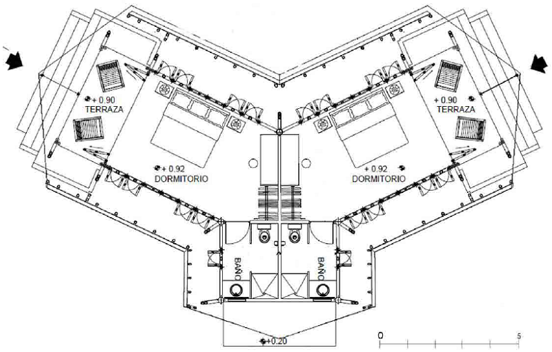 Esquema en planta de un m&oacute;dulo de dos caba&ntilde;as. Fuente: autores, 2018.