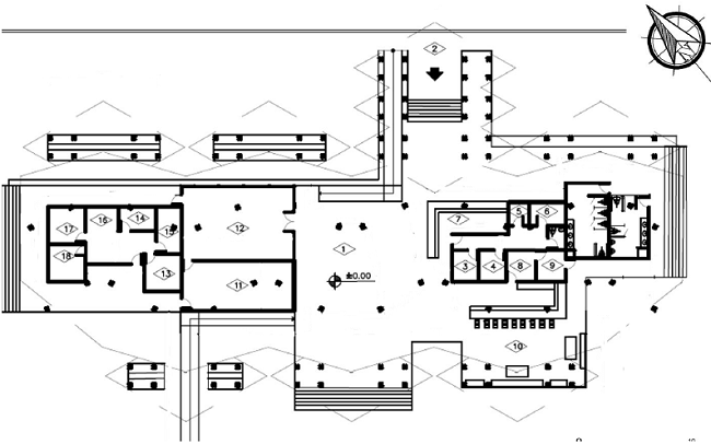 Esquema en planta del edificio socio administrativo. Fuente: autores, 2018.