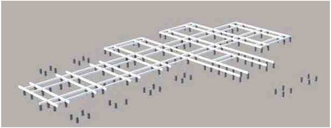 Detalle de cimentaci&oacute;n y entramado de vigas del edificio socio administrativo. Fuente: autores, 2018.