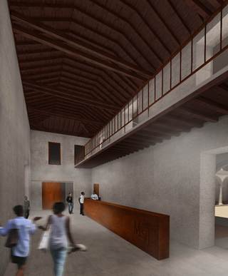 Propuesta de proyecto - Vista del zagu&aacute;n - ingreso del Nuevo Museo de Arte Sacro. Fuente: autores, 2017.