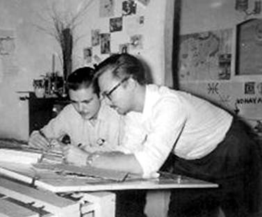 Arquitectos Ra&uacute;l Gonz&aacute;lez Romero y Fernando Salinas Gonz&aacute;lez de Mendive, de izquierda a derecha, a inicios de los a&ntilde;os &acute;60. Fuente: [9]