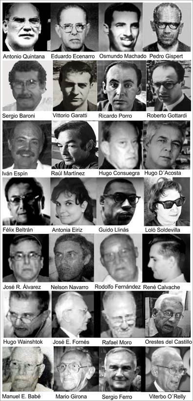 Parte de los docentes de la Escuela de Arquitectura de La Habana de los '60. En las filas inferiores se presentan fotos m&aacute;s recientes de algunos de los profesores.