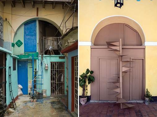 Izquierda: Cuba 212. Documentación fotográfica de tres casas autoconstruidas dentro de un arco de puntal alto. Dos casas en la parte inferior. Una casa en la parte superior con puerta pequeña a la que se accede por medio de una escalera de caracol también autoconstruida. Las casas ocupan el espacio que comunicaba al antiguo traspatio del inmueble. Derecha: Casa de la Obra Pía. Instalación en cartón corrugado, 200 x 500 cm aprox.