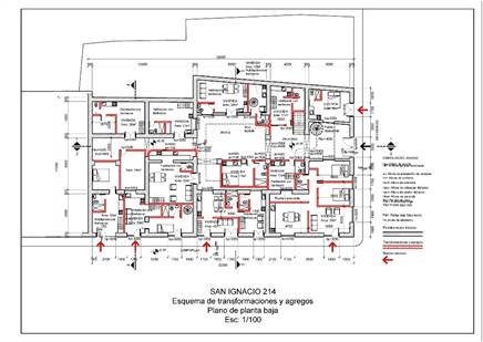 Esquema de transformaciones y agregos a San Ignacio 214. Plano de planta baja. Escala 1/100.