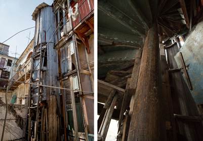 Izquierda. Calle Aguiar 155-159. Escalera de caracol construida con el mástil de un barco viejo. Vista exterior. Derecha. Aguiar 155-159. Escalera de caracol construida con el mástil de un barco viejo. Vista interior.