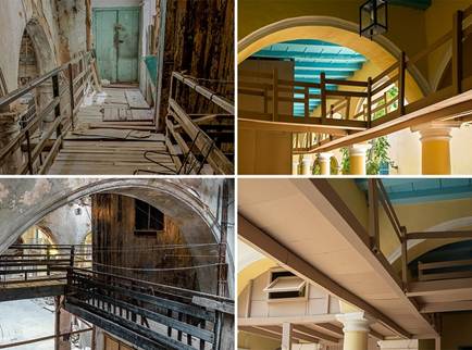 Izquierda. Aguiar 261. Documentación fotográfica de un puente-pasarela autoconstruido por los vecinos para acceder a las viviendas, realizado con retazos de madera, material recuperado de puertas de un elevador, y sostenido con varios puntales. Derecha. Casa de la Obra Pía. Instalación en cartón corrugado de un puente-pasarela 1000 x 150 cm aprox.