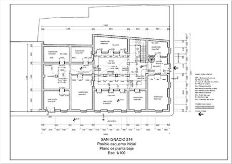 Posible plano inicial de la ciudadela ubicada en la calle San Ignacio 214. Plano de planta baja. Escala 1/100.