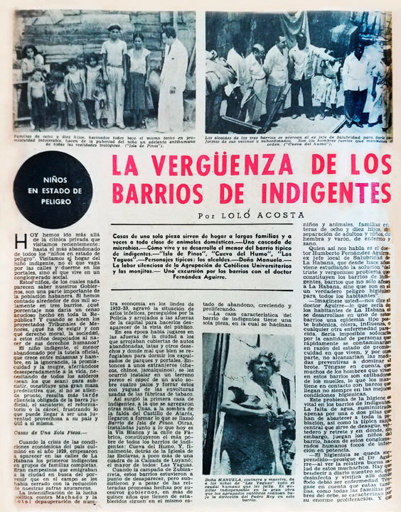 Reportaje en revista Carteles sobre las pésimas condiciones de vida en los barrios de indigentes de La Habana
