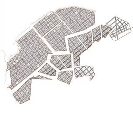 Esquema de interpretaci&oacute;n del plano fundacional/Conjunto de &ldquo;Repartos&rdquo; del proyecto. 