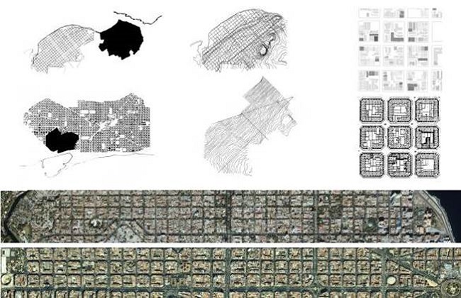 Esquemas comparativos entre El Vedado y el Ensanche Cerd&agrave;. Relaci&oacute;n con la ciudad preexistente, disposici&oacute;n topogr&aacute;fica, dimensiones de las tramas y forma de la edificaci&oacute;n.