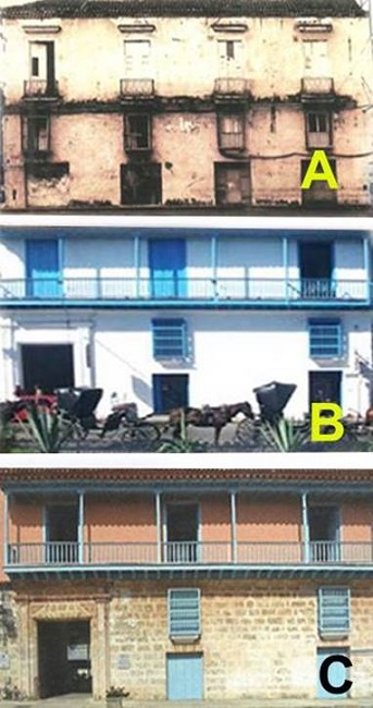 Tres estadios del color de la fachada de Tac&oacute;n #4 en el Centro Hist&oacute;rico: (A): Fachada deteriorada del inmueble (B): Aplicaci&oacute;n err&oacute;nea de blanco, color que hist&oacute;ricamente nunca fue aceptado por los Bandos de Gobierno. (C) Sustituci&oacute;n por un tono neutro en planta alta, diferenciado por un despiezo expuesto en planta baja.