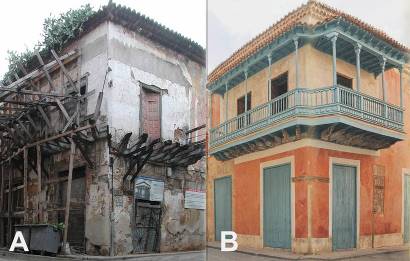(A) Deterioro avanzado de la casa esquinera de calle Aguiar # 159-161; (B) restauraci&oacute;n posterior con reinterpretaci&oacute;n libre de los tonos pr&oacute;ximos a evidencias crom&aacute;ticas. 