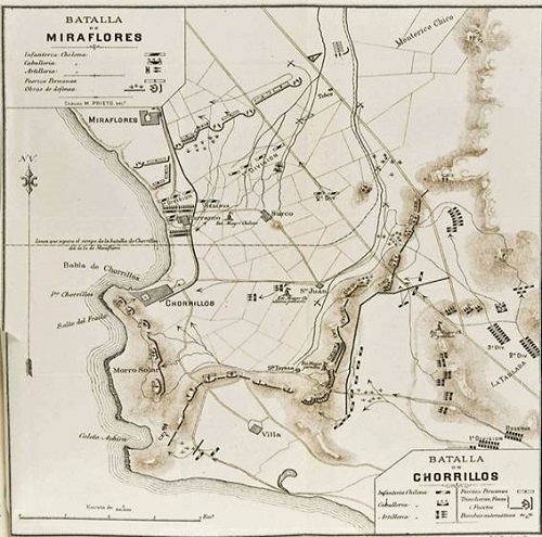 Batallas de Miraflores y de Chorrillos, entre Perú y Chile en 1881. 