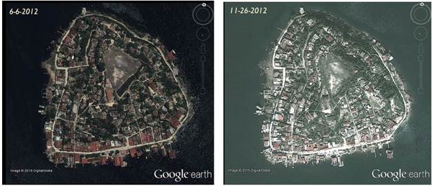 Im&aacute;genes satelitales de Cayo Granma, ubicado en el &aacute;rea de amortiguamiento del Sitio Patrimonio de la Humanidad San Pedro de la Roca. Izquierda: Antes del Hurac&aacute;n Sandy. Derecha: Despu&eacute;s del Hurac&aacute;n Sandy. 