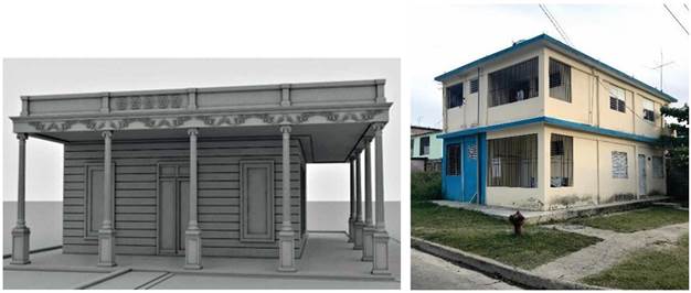 Inmueble de calle 9 esquina 8 del Reparto Vista Alegre. Izquierda: Reconstrucci&oacute;n virtual del original. Derecha: Vivienda actual. 