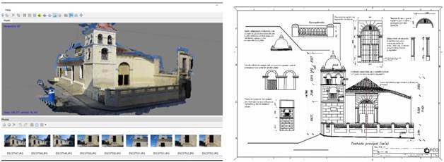 Fachada del Templo Santo Tom&aacute;s. Izquierda: Nube de puntos. Derecha: Planimetr&iacute;a con detalles arquitect&oacute;nicos. 